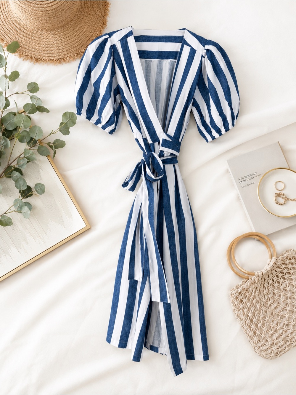 Blue & White Stripe Maxi Wrap Dress with Puff Sleeves